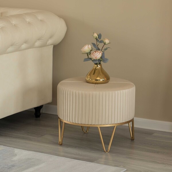 Fabulaxe Round Velvet Ottoman Stool Raised with Hairpin Gold Base, Cream, Medium - QI004324.CM.M
