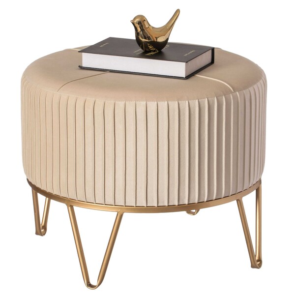 Fabulaxe Round Velvet Ottoman Stool Raised with Hairpin Gold Base, Cream, Medium - QI004324.CM.M