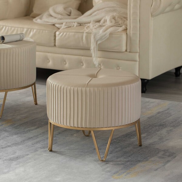 Fabulaxe Round Velvet Ottoman Stool Raised with Hairpin Gold Base, Cream, Medium - QI004324.CM.M