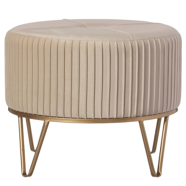 Fabulaxe Round Velvet Ottoman Stool Raised with Hairpin Gold Base, Cream, Medium - QI004324.CM.M