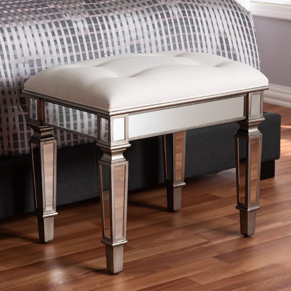 Baxton Studio Marielle Hollywood Style Off White Mirrored Ottoman Bench - 150-9182