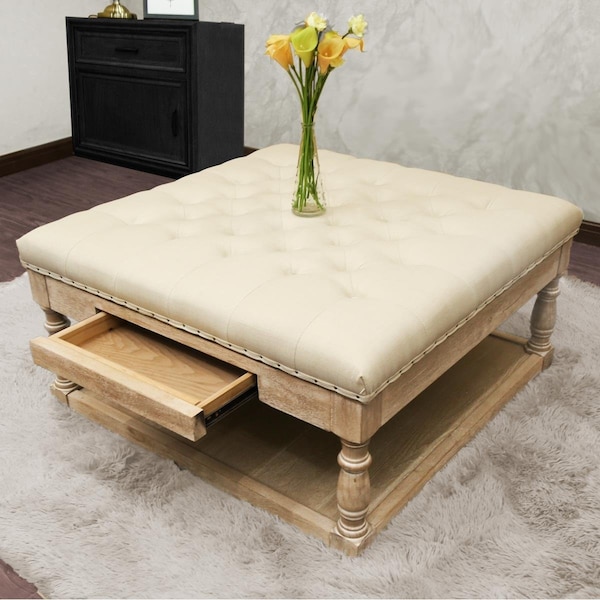 Warehouse Of Tiffany Suleiman Tufted Padded Cocktail Ottoman with Shelf & Drawer Cream - Natural Stain Finish - EL1775