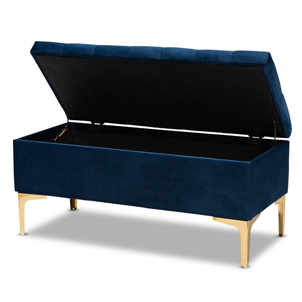 Baxton Studio Valere Blue Velvet Upholstered Gold Finished Tufted Storage Ottoman - 162-10463