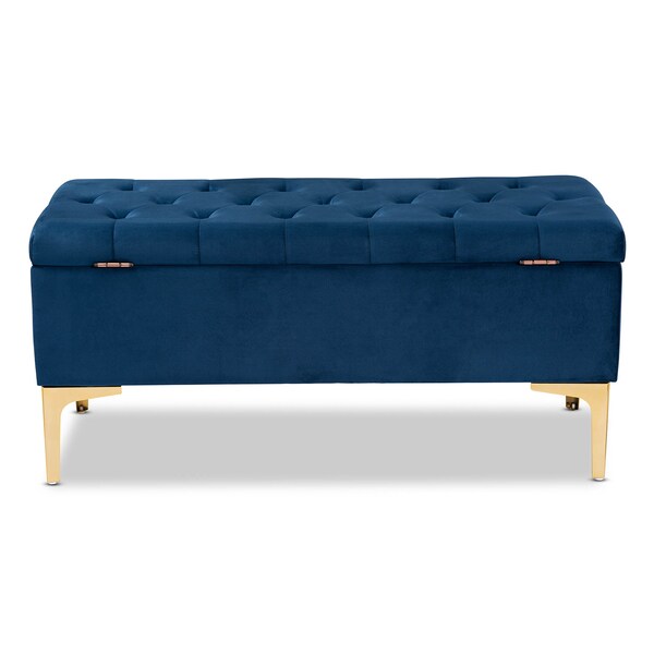 Baxton Studio Valere Blue Velvet Upholstered Gold Finished Tufted Storage Ottoman - 162-10463