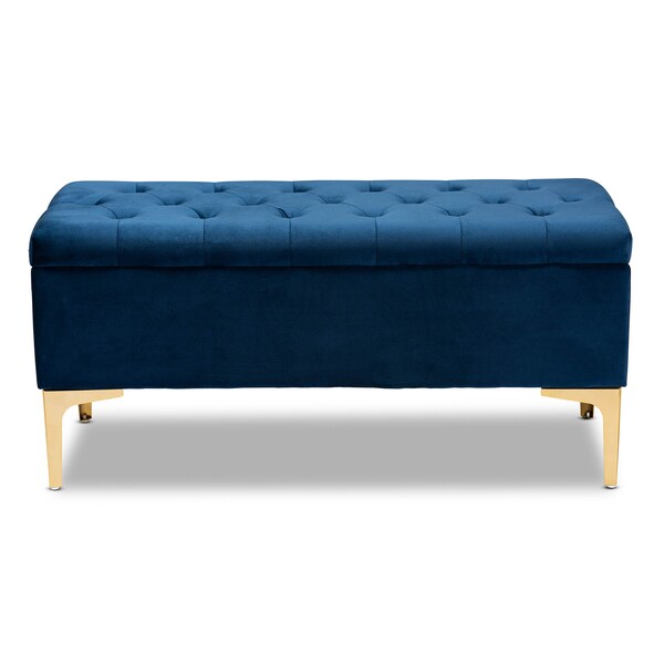 Baxton Studio Valere Blue Velvet Upholstered Gold Finished Tufted Storage Ottoman - 162-10463