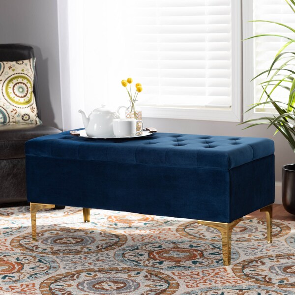 Baxton Studio Valere Blue Velvet Upholstered Gold Finished Tufted Storage Ottoman - 162-10463