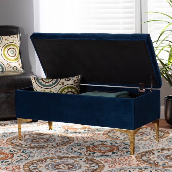 Baxton Studio Valere Blue Velvet Upholstered Gold Finished Tufted Storage Ottoman - 162-10463