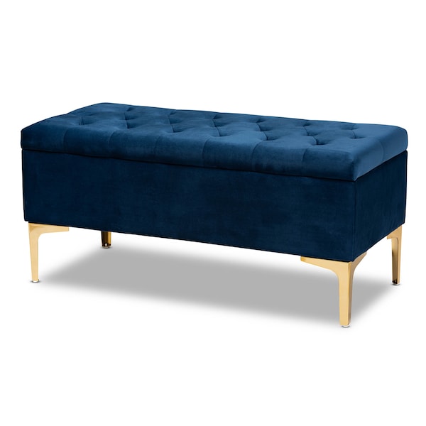 Baxton Studio Valere Blue Velvet Upholstered Gold Finished Tufted Storage Ottoman - 162-10463
