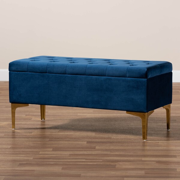 Baxton Studio Valere Blue Velvet Upholstered Gold Finished Tufted Storage Ottoman - 162-10463
