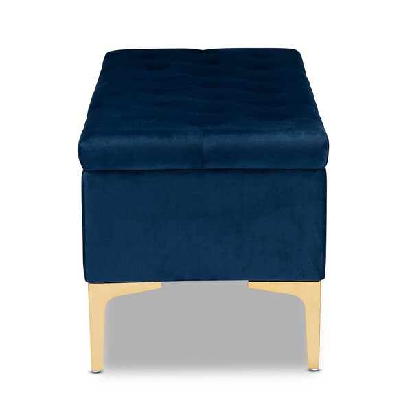 Baxton Studio Valere Blue Velvet Upholstered Gold Finished Tufted Storage Ottoman - 162-10463