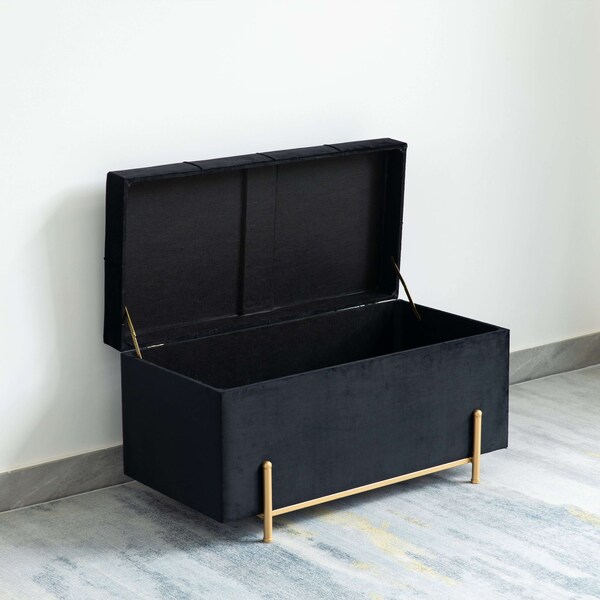 Fabulaxe Large Rectangle Velvet Storage Ottoman Stool Box with Gold Legs, Decorative Sitting Bench, Black - QI003938.BK