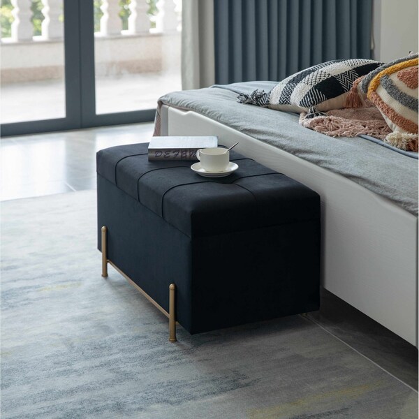 Fabulaxe Large Rectangle Velvet Storage Ottoman Stool Box with Gold Legs, Decorative Sitting Bench, Black - QI003938.BK