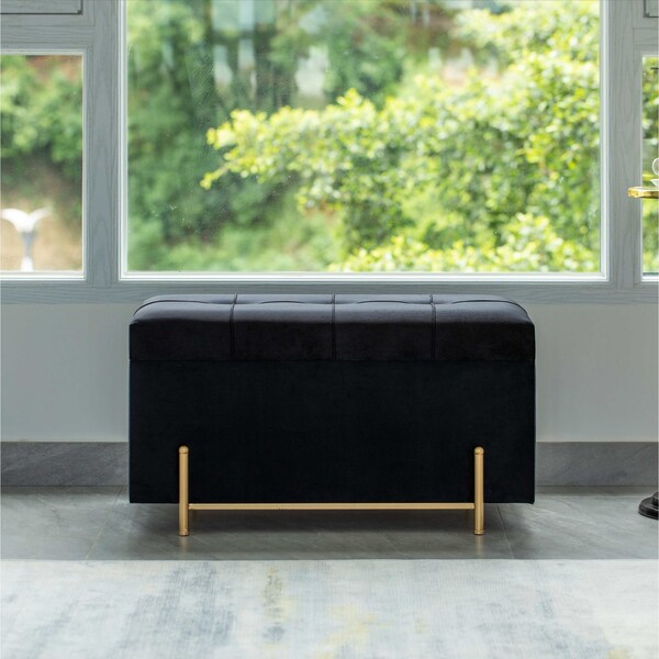 Fabulaxe Large Rectangle Velvet Storage Ottoman Stool Box with Gold Legs, Decorative Sitting Bench, Black - QI003938.BK