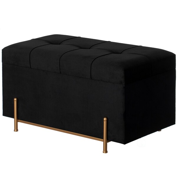Fabulaxe Large Rectangle Velvet Storage Ottoman Stool Box with Gold Legs, Decorative Sitting Bench, Black - QI003938.BK