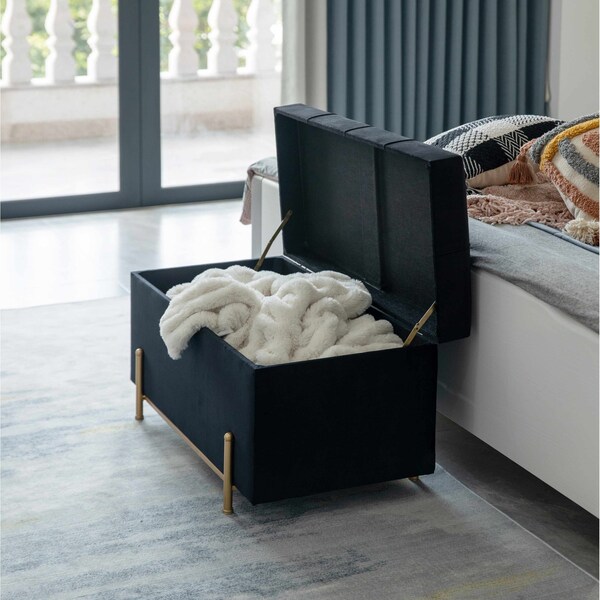 Fabulaxe Large Rectangle Velvet Storage Ottoman Stool Box with Gold Legs, Decorative Sitting Bench, Black - QI003938.BK