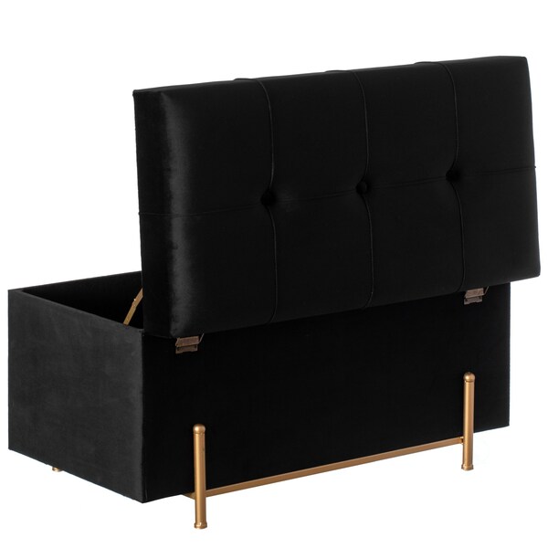 Fabulaxe Large Rectangle Velvet Storage Ottoman Stool Box with Gold Legs, Decorative Sitting Bench, Black - QI003938.BK