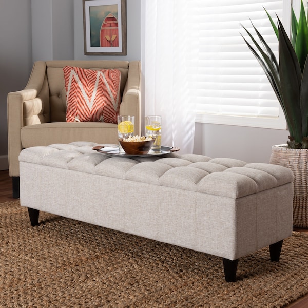 Baxton Studio Brette Beige Upholstered Brown Finished Wood Storage Bench Ottoman - 161-9105