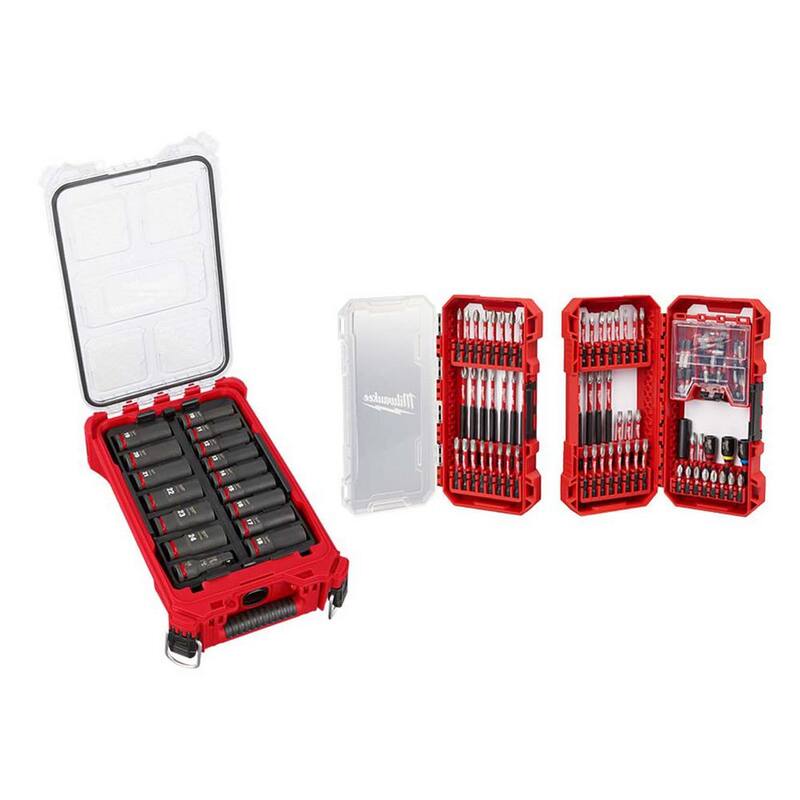Juego de casquillos Milwaukee SHOCKWAVE Impact Duty de 1/2 pulg. de medida métrica con casquillos profundos PACKOUT (16 piezas) y juego de puntas (100 piezas) - 49-66-6803-48-32-5150.