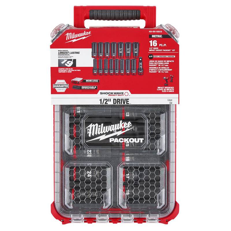 Juego de casquillos Milwaukee SHOCKWAVE Impact Duty de 1/2 pulg. de medida métrica con casquillos profundos PACKOUT (16 piezas) y juego de puntas (100 piezas) - 49-66-6803-48-32-5150.