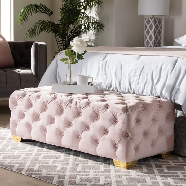 Baxton Studio Avara Pink Velvet Upholstered Gold Finished Tufted Bench Ottoman - 154-9368