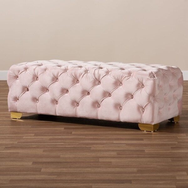 Baxton Studio Avara Pink Velvet Upholstered Gold Finished Tufted Bench Ottoman - 154-9368