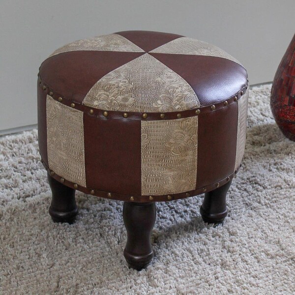 International Caravan Faux Leather Round Stool, Mixed Patch Work - Medium - 13 lbs - YWLF-2525-MX