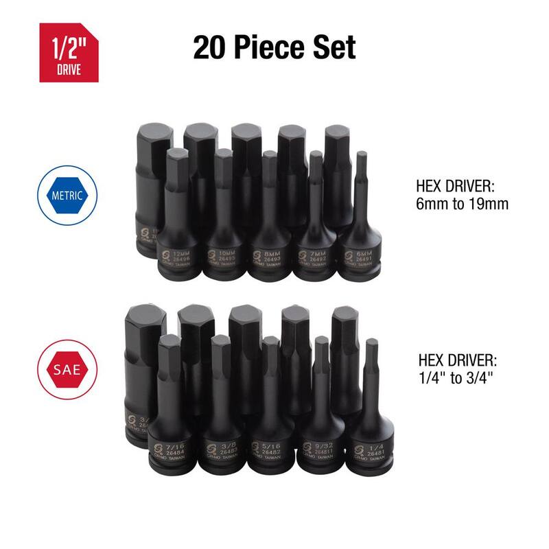 Juego de dados de impacto de 1/2 pulgadas SAE y métricos de Sunex Tools, 20 piezas - 2637