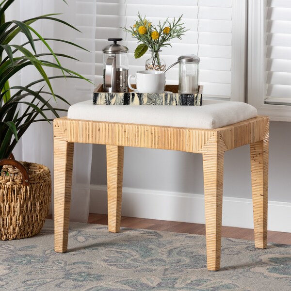 Baxton Studio Sofia Modern Bohemian Natural Brown Rattan and Mahogany Wood Ottoman - 228-13093-ZORO
