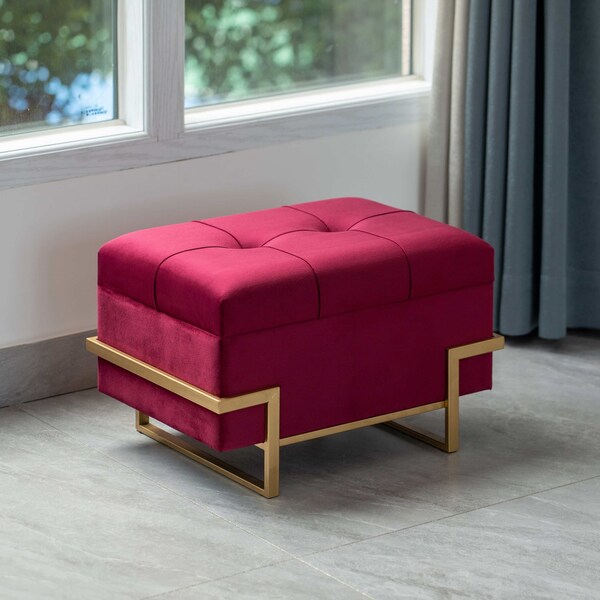 Fabulaxe Velvet Storage Ottoman Stool Box with Abstract Golden Legs - Decorative Sitting Bench, Red Small - QI003939.RD