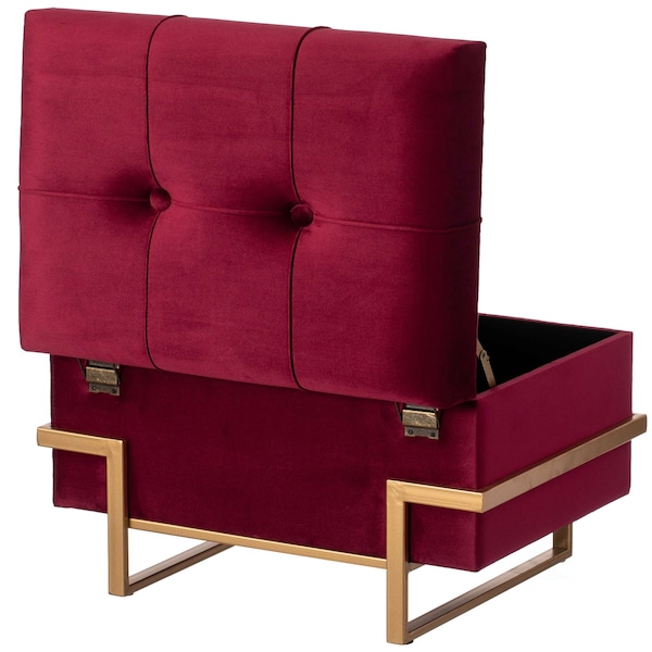 Fabulaxe Velvet Storage Ottoman Stool Box with Abstract Golden Legs - Decorative Sitting Bench, Red Small - QI003939.RD