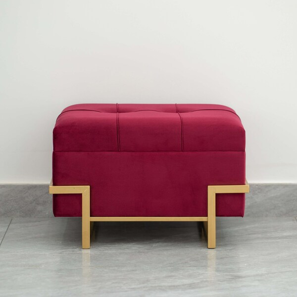 Fabulaxe Velvet Storage Ottoman Stool Box with Abstract Golden Legs - Decorative Sitting Bench, Red Small - QI003939.RD
