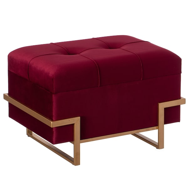 Fabulaxe Velvet Storage Ottoman Stool Box with Abstract Golden Legs - Decorative Sitting Bench, Red Small - QI003939.RD