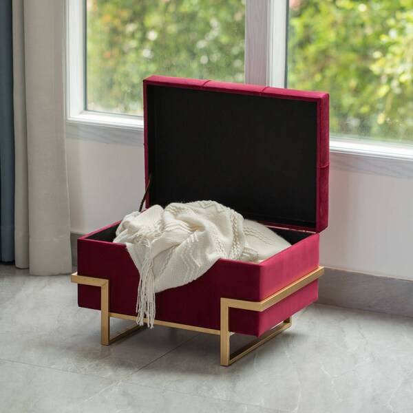 Fabulaxe Velvet Storage Ottoman Stool Box with Abstract Golden Legs - Decorative Sitting Bench, Red Small - QI003939.RD