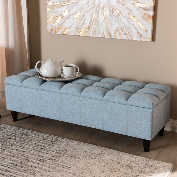 Baxton Studio Brette Blue Upholstered Brown Wood Storage Bench Ottoman - 155-9108