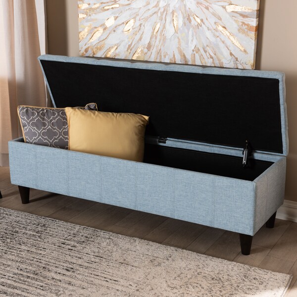 Baxton Studio Brette Blue Upholstered Brown Wood Storage Bench Ottoman - 155-9108