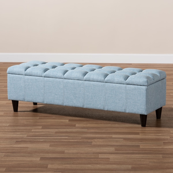 Baxton Studio Brette Blue Upholstered Brown Wood Storage Bench Ottoman - 155-9108