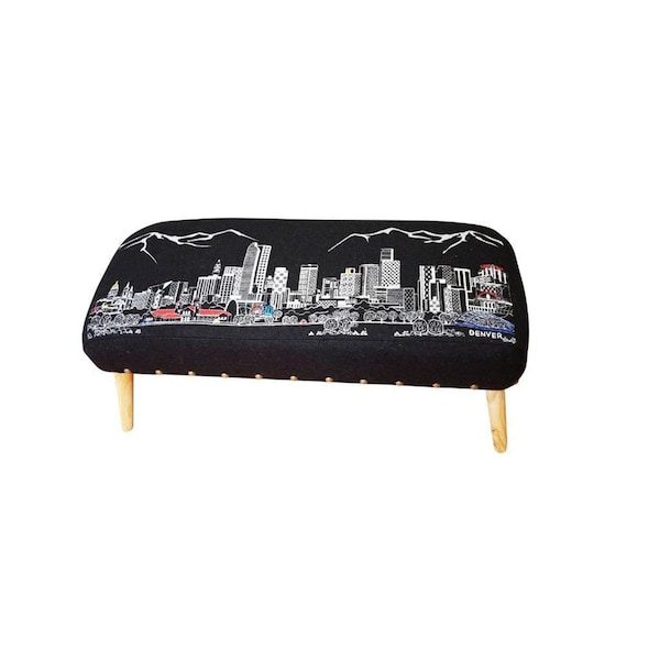 Homeroots 38 in. Denver Nighttime Skyline Embroidered Ottoman, Black - 480554