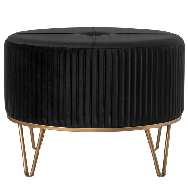 Fabulaxe Round Velvet Ottoman Stool Raised with Hairpin Gold Base, Black, Large - QI004324.BK.L