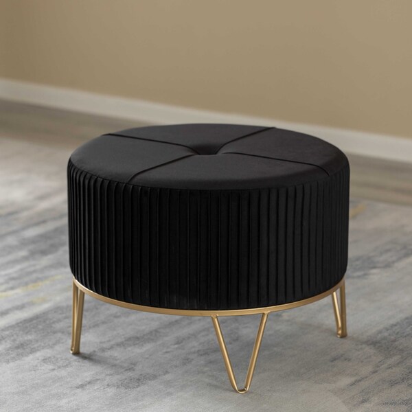 Fabulaxe Round Velvet Ottoman Stool Raised with Hairpin Gold Base, Black, Large - QI004324.BK.L