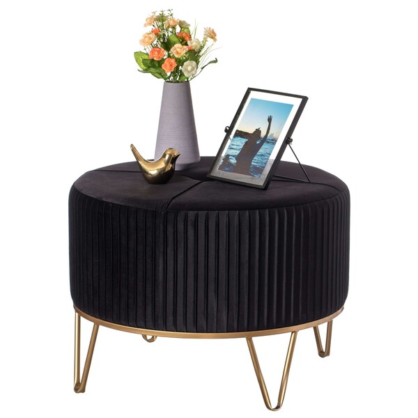 Fabulaxe Round Velvet Ottoman Stool Raised with Hairpin Gold Base, Black, Large - QI004324.BK.L