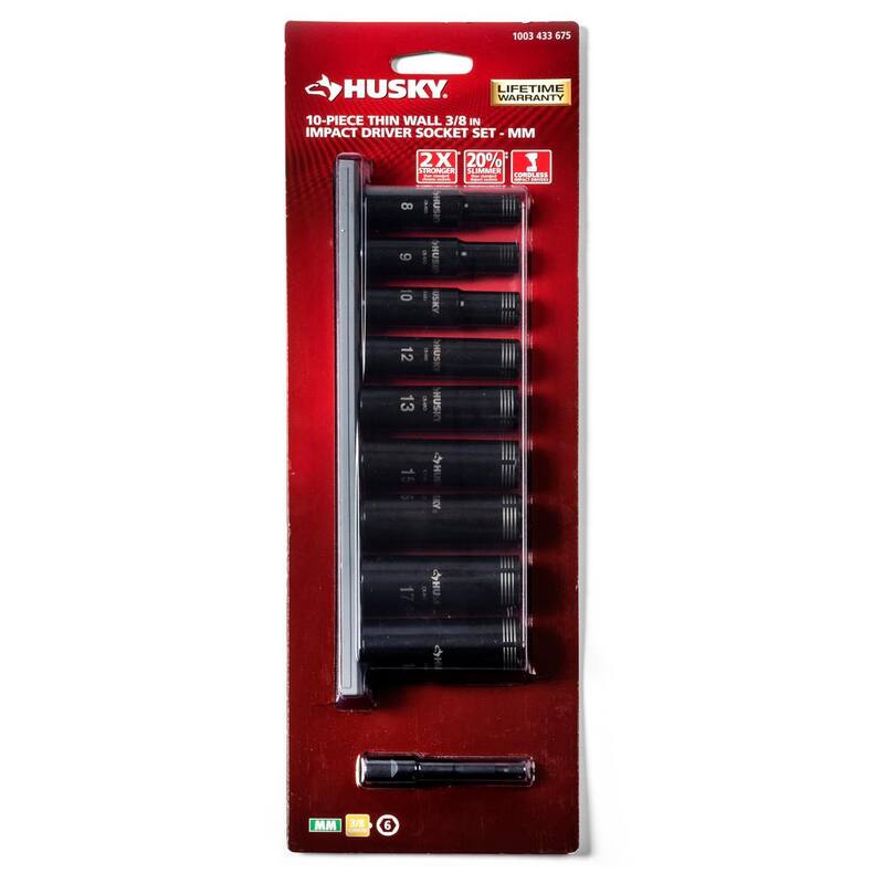 Juego de dados de impacto de 6 puntos de pared delgada de 3/8 pulgadas SAE/Métrico Husky (20 piezas) - H3DHYB20PC