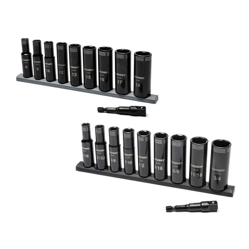 Juego de dados de impacto de 6 puntos de pared delgada de 3/8 pulgadas SAE/Métrico Husky (20 piezas) - H3DHYB20PC