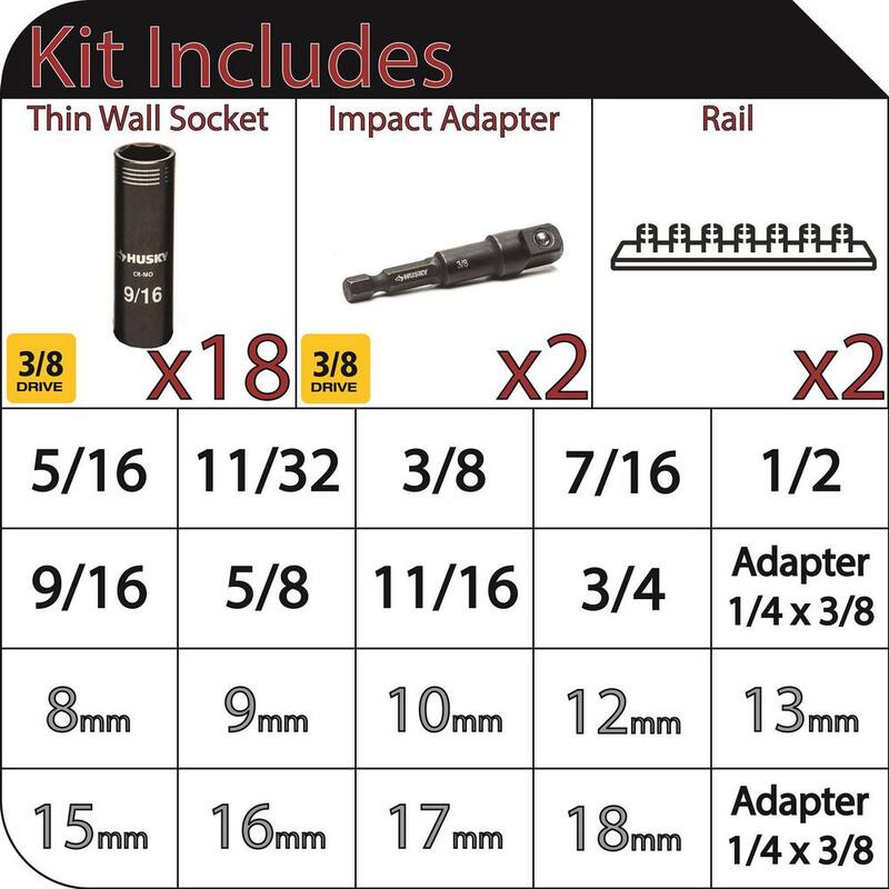 Juego de dados de impacto de 6 puntos de pared delgada de 3/8 pulgadas SAE/Métrico Husky (20 piezas) - H3DHYB20PC