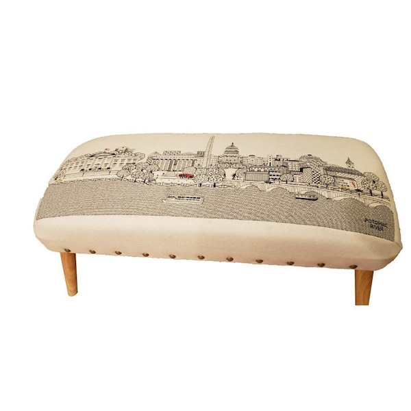 Homeroots 38 in. Washington Dc Daylight Skyline Embroidered Ottoman, White - 480548