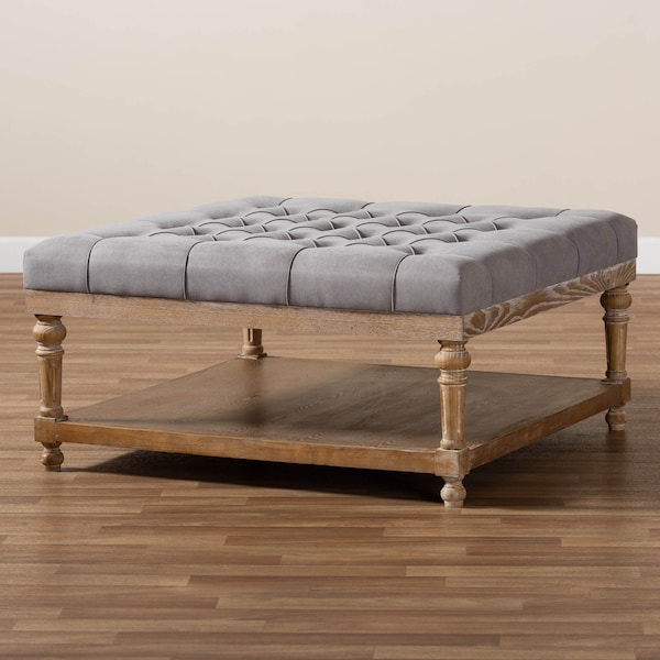 Baxton Studio Kelly Grey Linen Upholstered and Greywashed Wood Cocktail Ottoman - 164-10650