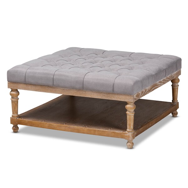 Baxton Studio Kelly Grey Linen Upholstered and Greywashed Wood Cocktail Ottoman - 164-10650