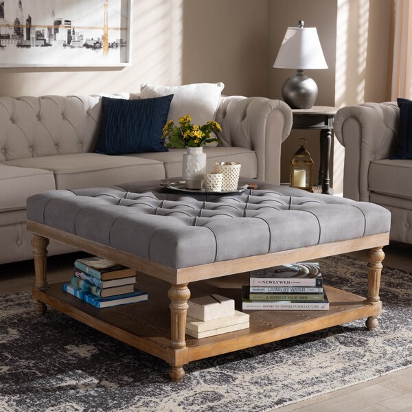 Baxton Studio Kelly Grey Linen Upholstered and Greywashed Wood Cocktail Ottoman - 164-10650