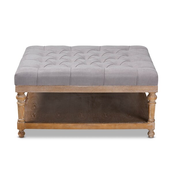 Baxton Studio Kelly Grey Linen Upholstered and Greywashed Wood Cocktail Ottoman - 164-10650