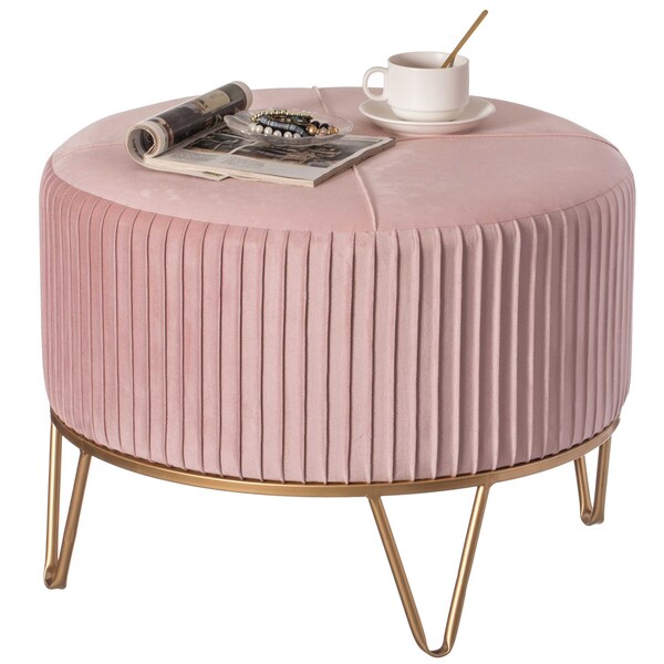 Fabulaxe Round Velvet Ottoman Stool Raised with Hairpin Gold Base, Pink, Large - QI004324.PK.L