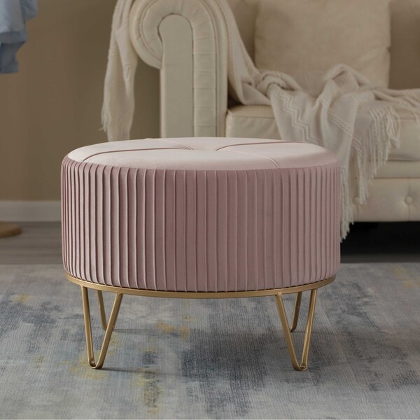 Fabulaxe Round Velvet Ottoman Stool Raised with Hairpin Gold Base, Pink, Large - QI004324.PK.L